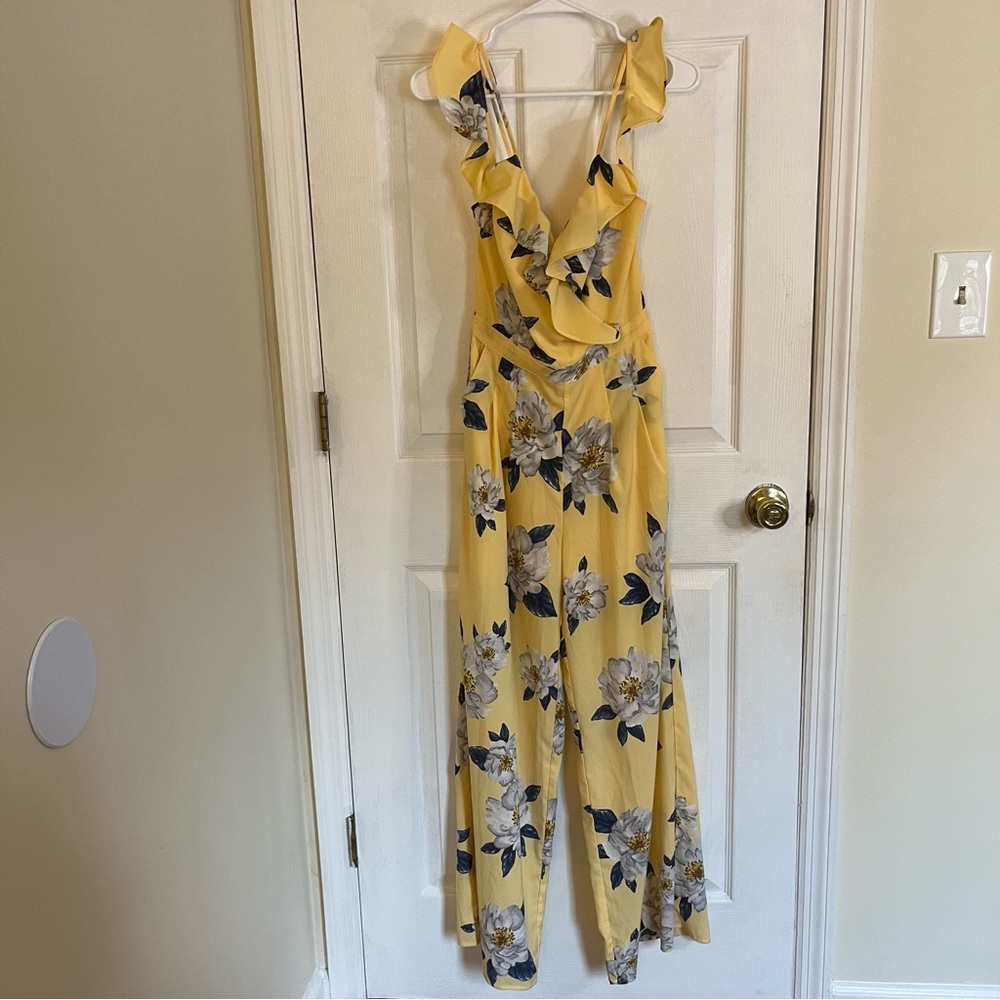SOLD J.O.A. Butter Yellow Floral Ruffle Jumpsuit - Picture 2 of 9